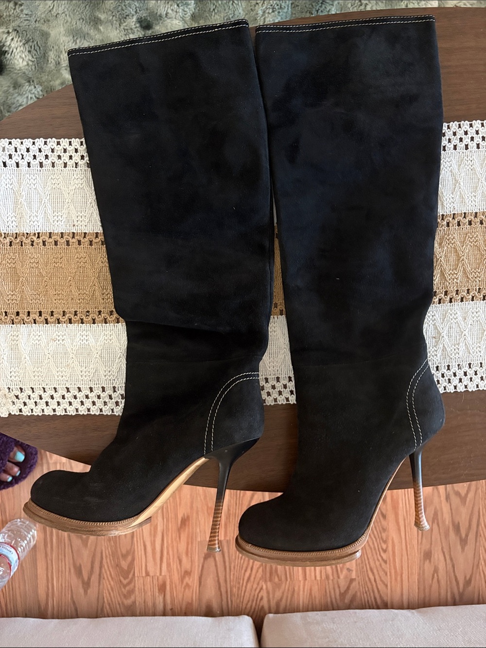 Gianmarco Lorenzi Black Suede Knee-High Stiletto Boots